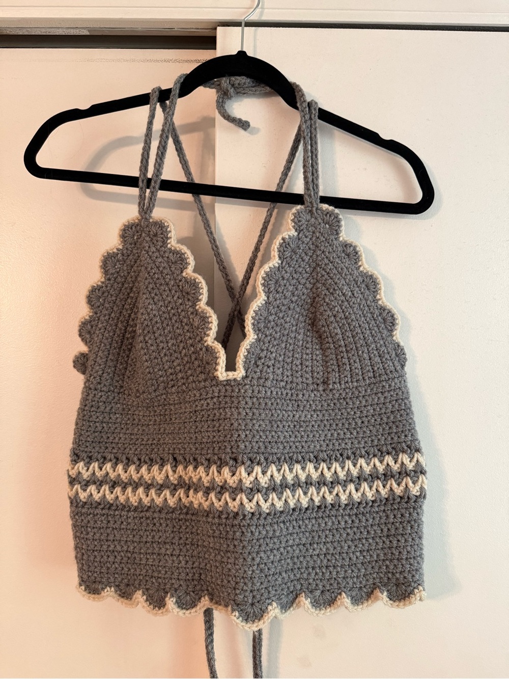 Gray Crochet Halter Crop Top with Cream Trim